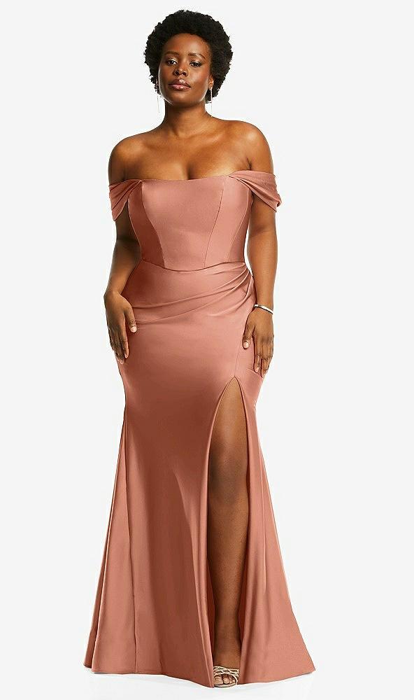 off-the-shoulder corset stretch satin mermaid dress with slight train