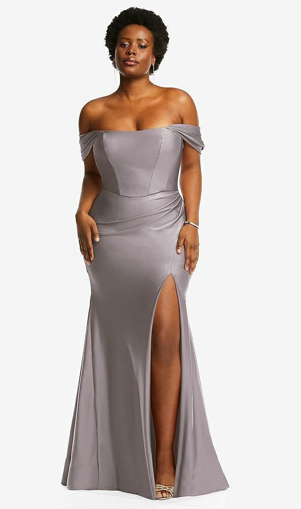 off-the-shoulder corset stretch satin mermaid dress with slight train