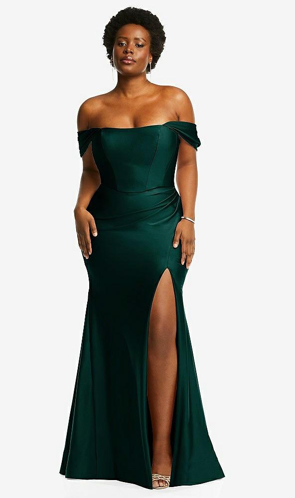 off-the-shoulder corset stretch satin mermaid dress with slight train
