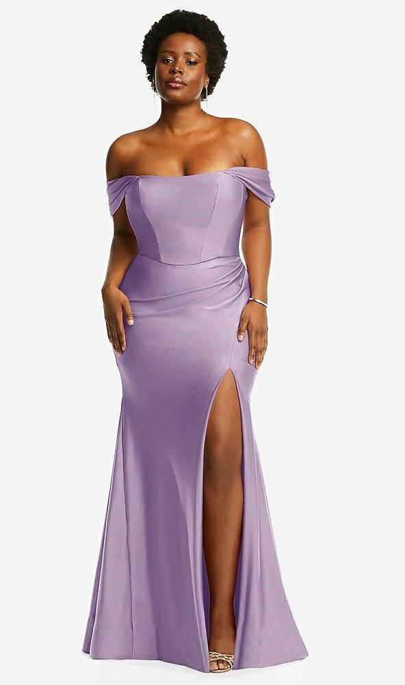 off-the-shoulder corset stretch satin mermaid dress with slight train