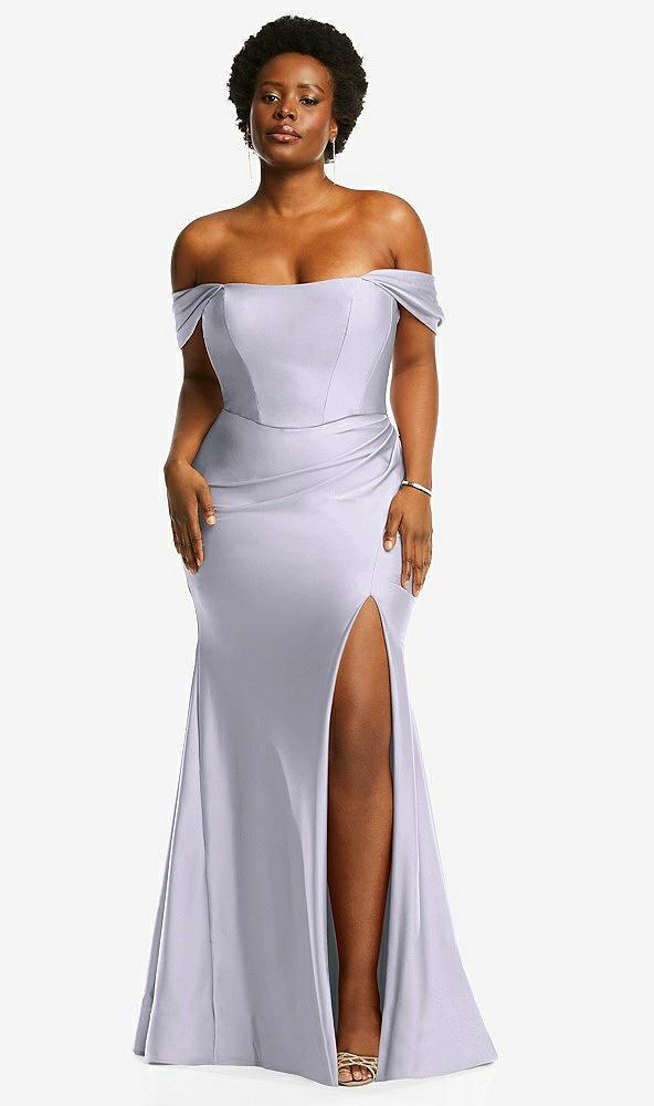 off-the-shoulder corset stretch satin mermaid dress with slight train