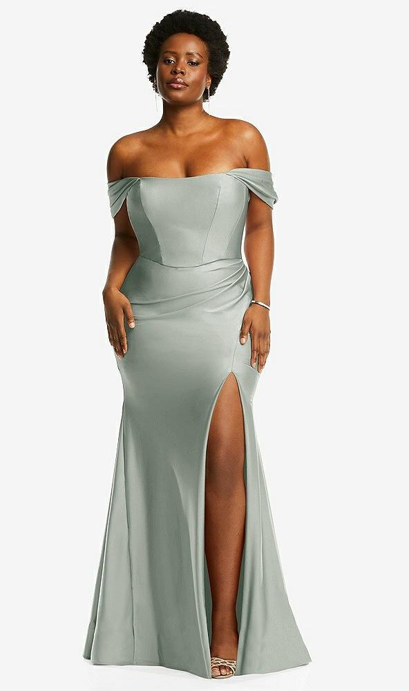 off-the-shoulder corset stretch satin mermaid dress with slight train