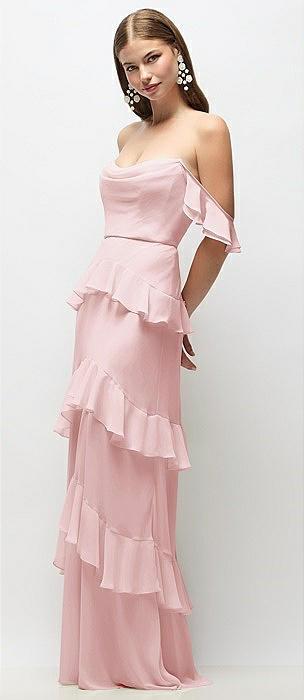 off-the-shoulder cowl chiffon tiered ruffle maxi dress with convertible ruffle straps