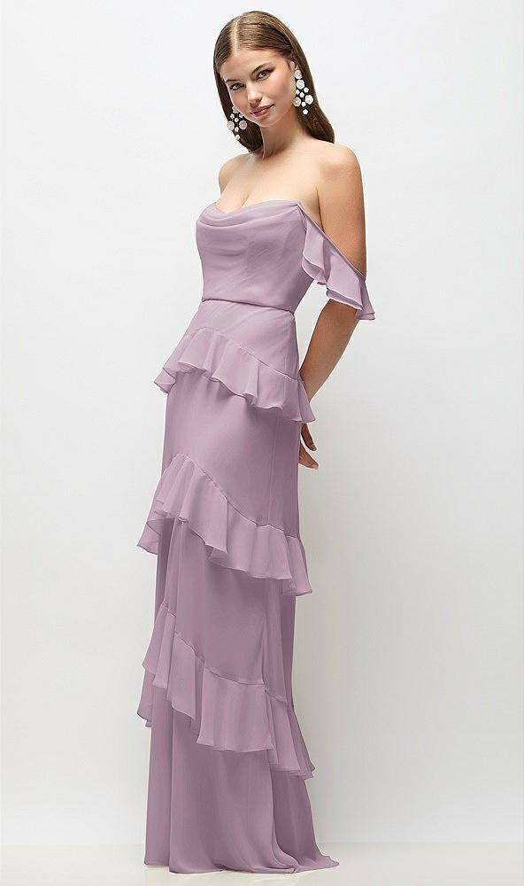 off-the-shoulder cowl chiffon tiered ruffle maxi dress with convertible ruffle straps