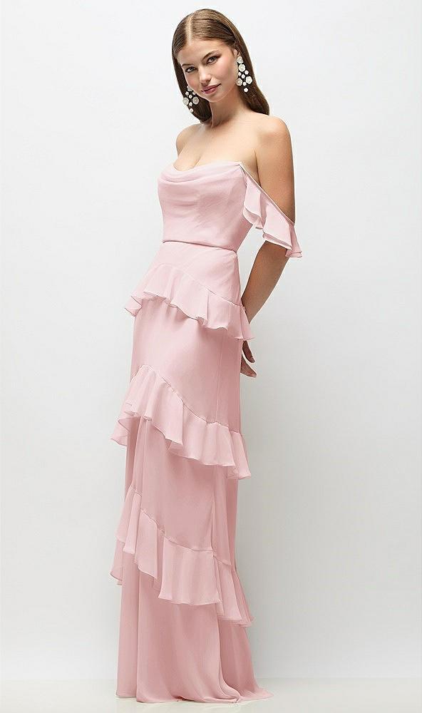off-the-shoulder cowl chiffon tiered ruffle maxi dress with convertible ruffle straps
