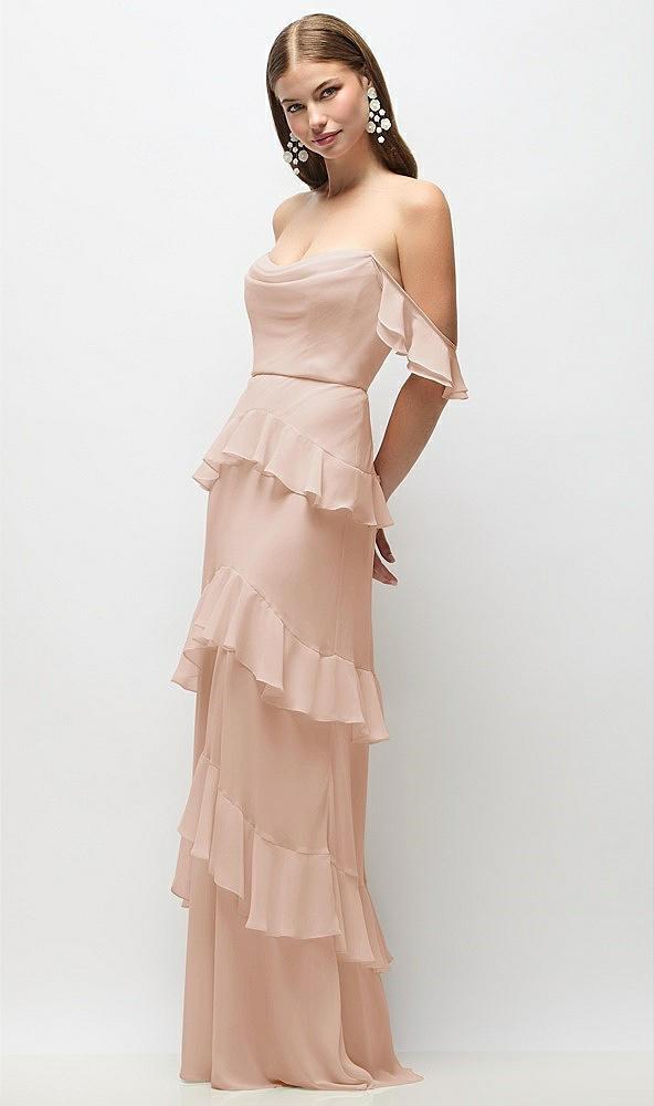 off-the-shoulder cowl chiffon tiered ruffle maxi dress with convertible ruffle straps