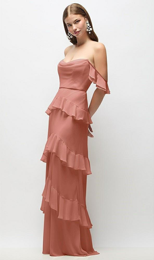 off-the-shoulder cowl chiffon tiered ruffle maxi dress with convertible ruffle straps