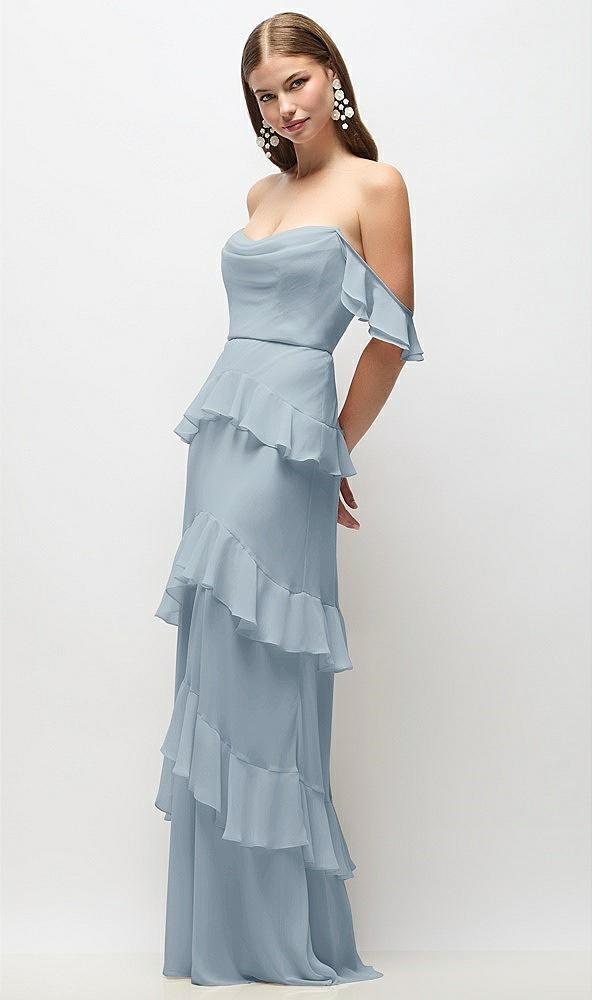 off-the-shoulder cowl chiffon tiered ruffle maxi dress with convertible ruffle straps