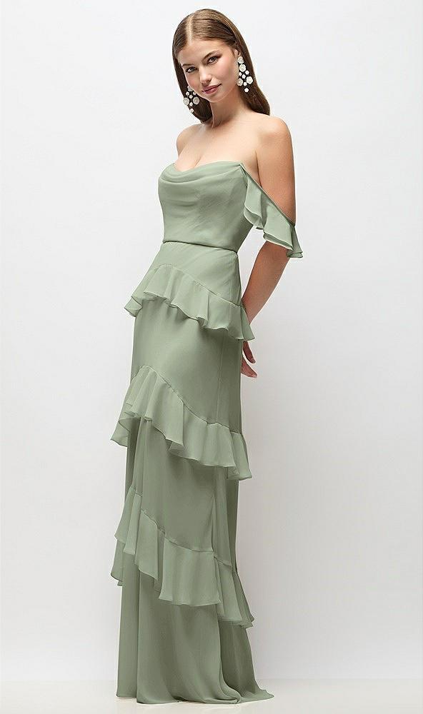 off-the-shoulder cowl chiffon tiered ruffle maxi dress with convertible ruffle straps