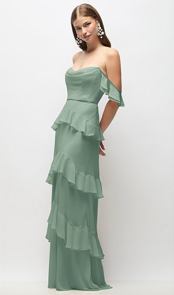 off-the-shoulder cowl chiffon tiered ruffle maxi dress with convertible ruffle straps