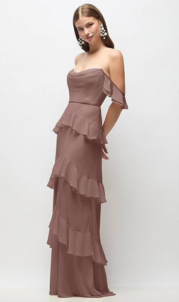 off-the-shoulder cowl chiffon tiered ruffle maxi dress with convertible ruffle straps