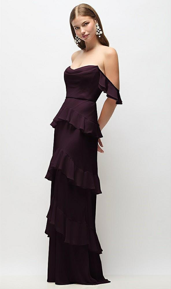 off-the-shoulder cowl chiffon tiered ruffle maxi dress with convertible ruffle straps