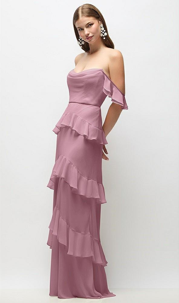 off-the-shoulder cowl chiffon tiered ruffle maxi dress with convertible ruffle straps