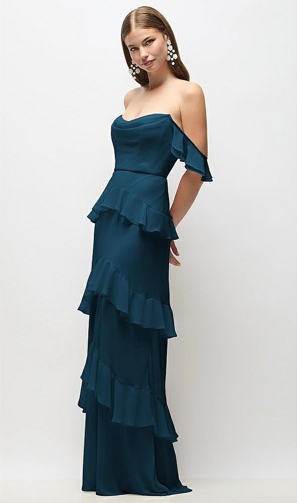 off-the-shoulder cowl chiffon tiered ruffle maxi dress with convertible ruffle straps