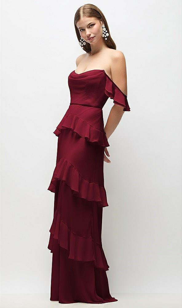 off-the-shoulder cowl chiffon tiered ruffle maxi dress with convertible ruffle straps