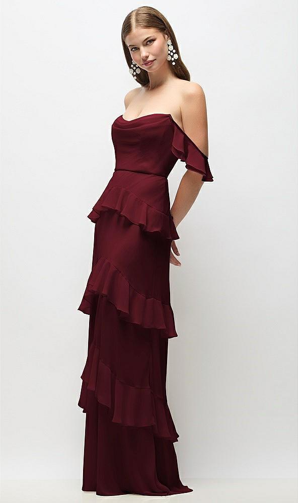 off-the-shoulder cowl chiffon tiered ruffle maxi dress with convertible ruffle straps