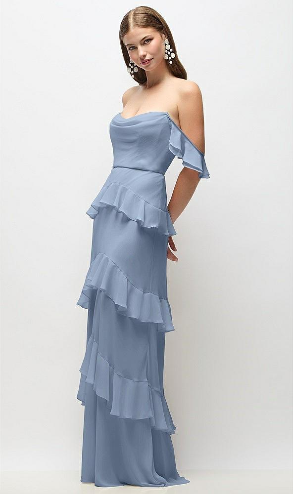 off-the-shoulder cowl chiffon tiered ruffle maxi dress with convertible ruffle straps