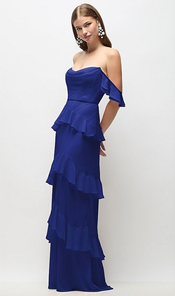 off-the-shoulder cowl chiffon tiered ruffle maxi dress with convertible ruffle straps