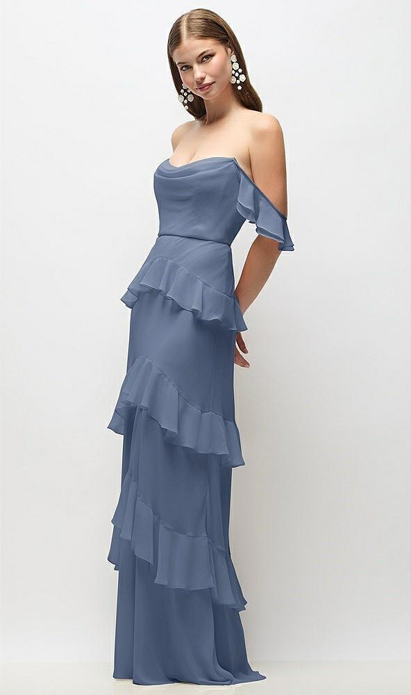 off-the-shoulder cowl chiffon tiered ruffle maxi dress with convertible ruffle straps