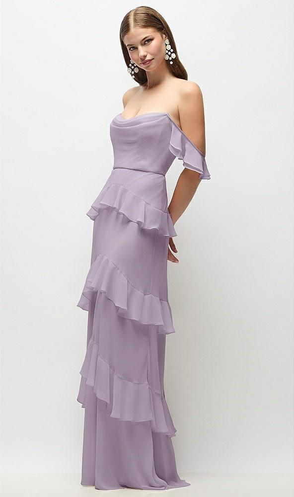 off-the-shoulder cowl chiffon tiered ruffle maxi dress with convertible ruffle straps