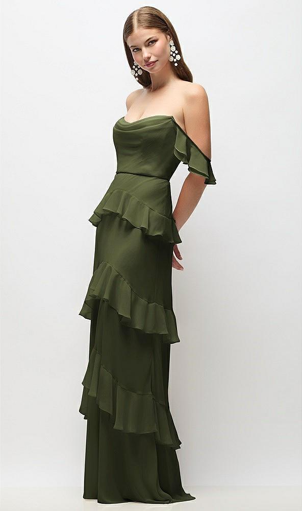 off-the-shoulder cowl chiffon tiered ruffle maxi dress with convertible ruffle straps