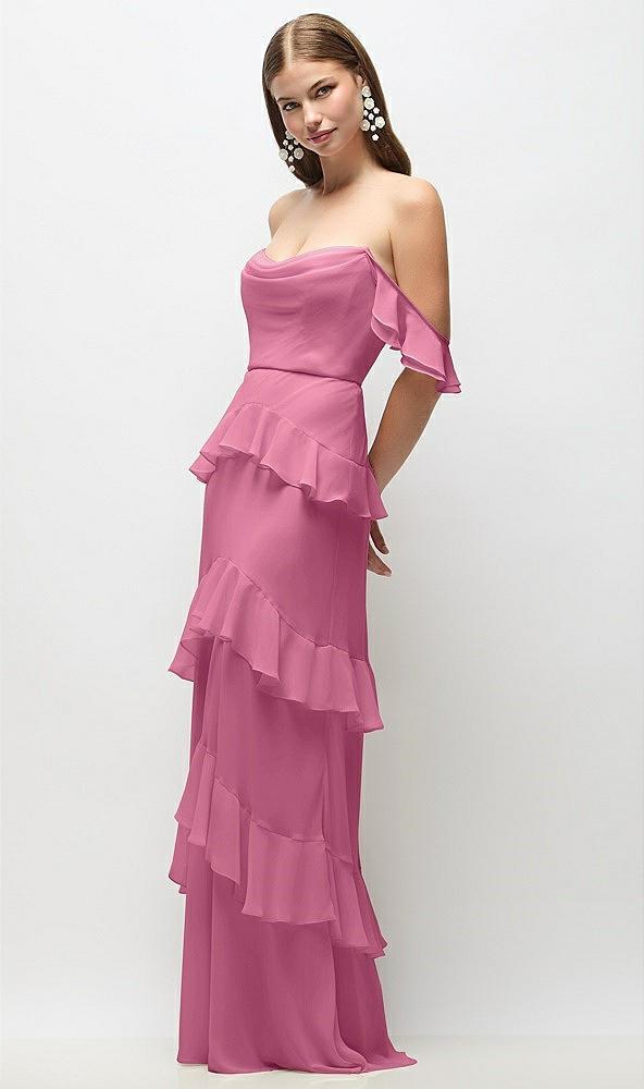 off-the-shoulder cowl chiffon tiered ruffle maxi dress with convertible ruffle straps