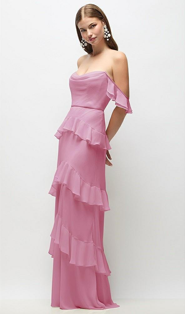 off-the-shoulder cowl chiffon tiered ruffle maxi dress with convertible ruffle straps