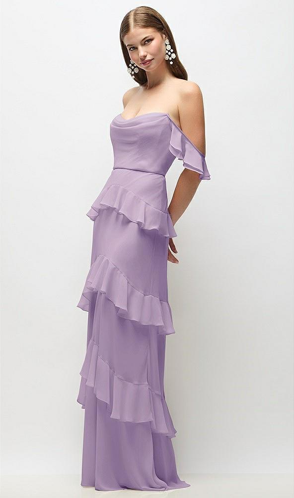 off-the-shoulder cowl chiffon tiered ruffle maxi dress with convertible ruffle straps