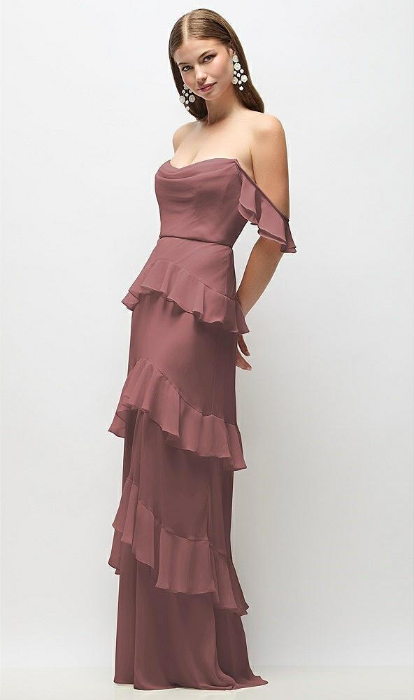 off-the-shoulder cowl chiffon tiered ruffle maxi dress with convertible ruffle straps