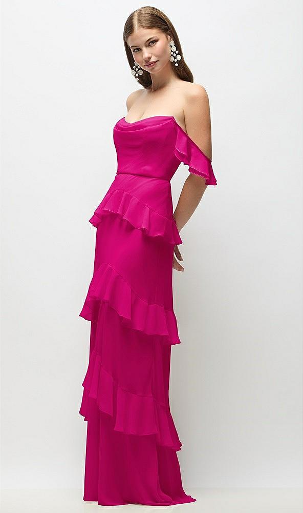 off-the-shoulder cowl chiffon tiered ruffle maxi dress with convertible ruffle straps