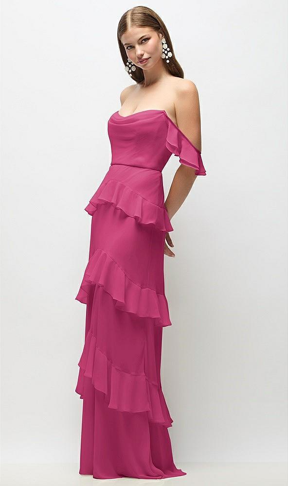 off-the-shoulder cowl chiffon tiered ruffle maxi dress with convertible ruffle straps