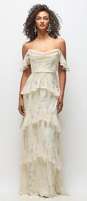 off-the-shoulder cowl floral chiffon tiered ruffle maxi dress with convertible ruffle straps