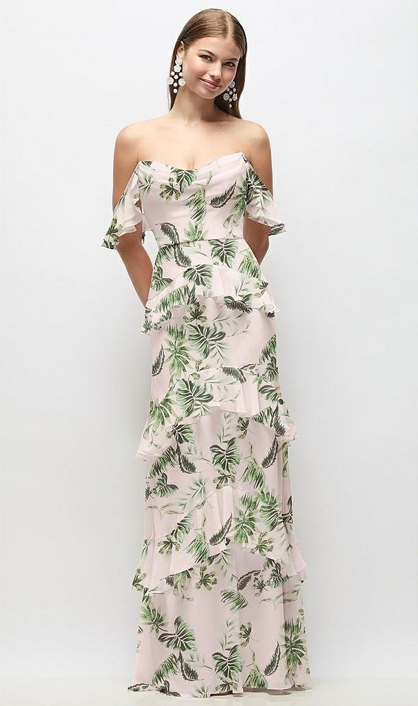 off-the-shoulder cowl floral chiffon tiered ruffle maxi dress with convertible ruffle straps