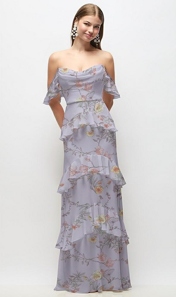 off-the-shoulder cowl floral chiffon tiered ruffle maxi dress with convertible ruffle straps