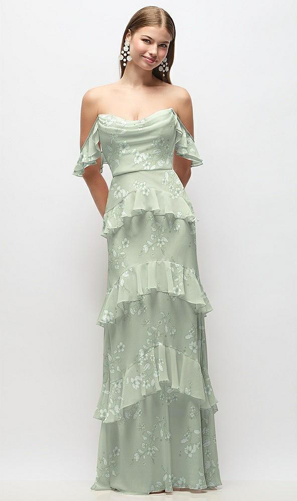 off-the-shoulder cowl floral chiffon tiered ruffle maxi dress with convertible ruffle straps