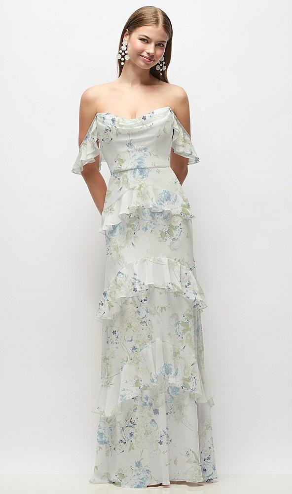 off-the-shoulder cowl floral chiffon tiered ruffle maxi dress with convertible ruffle straps