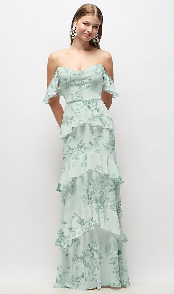 off-the-shoulder cowl floral chiffon tiered ruffle maxi dress with convertible ruffle straps