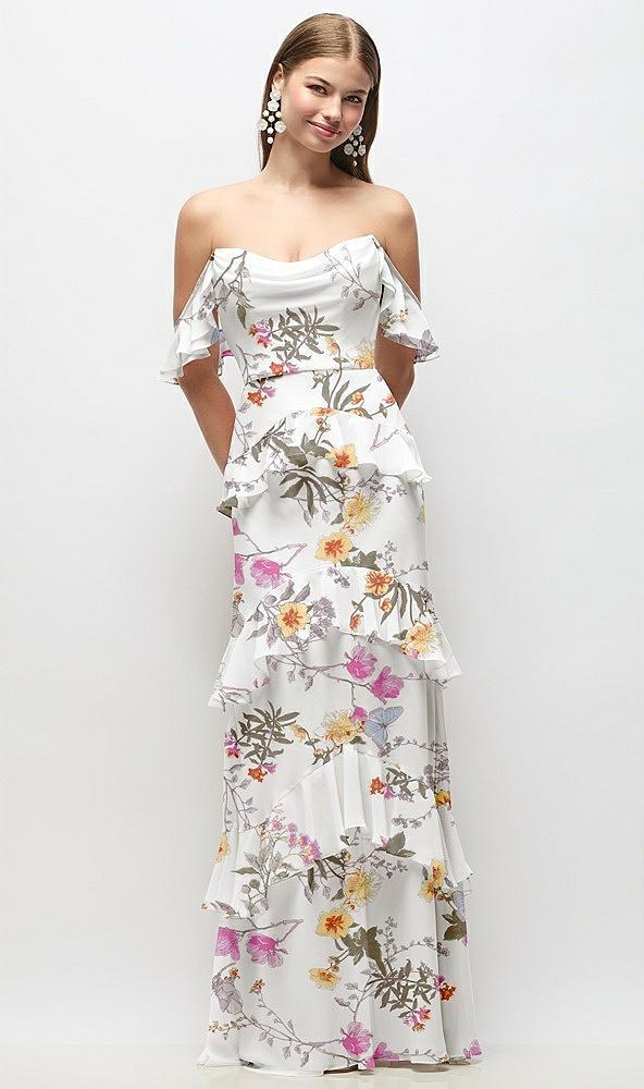 off-the-shoulder cowl floral chiffon tiered ruffle maxi dress with convertible ruffle straps