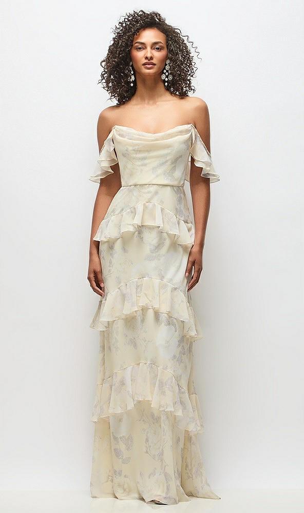 off-the-shoulder cowl floral chiffon tiered ruffle maxi dress with convertible ruffle straps