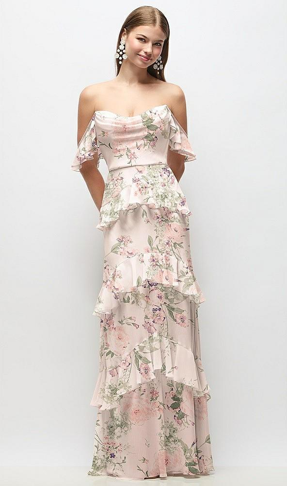 off-the-shoulder cowl floral chiffon tiered ruffle maxi dress with convertible ruffle straps