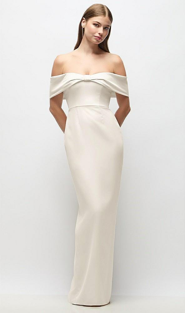 off-the-shoulder crepe column maxi dress with bow-pinch detail