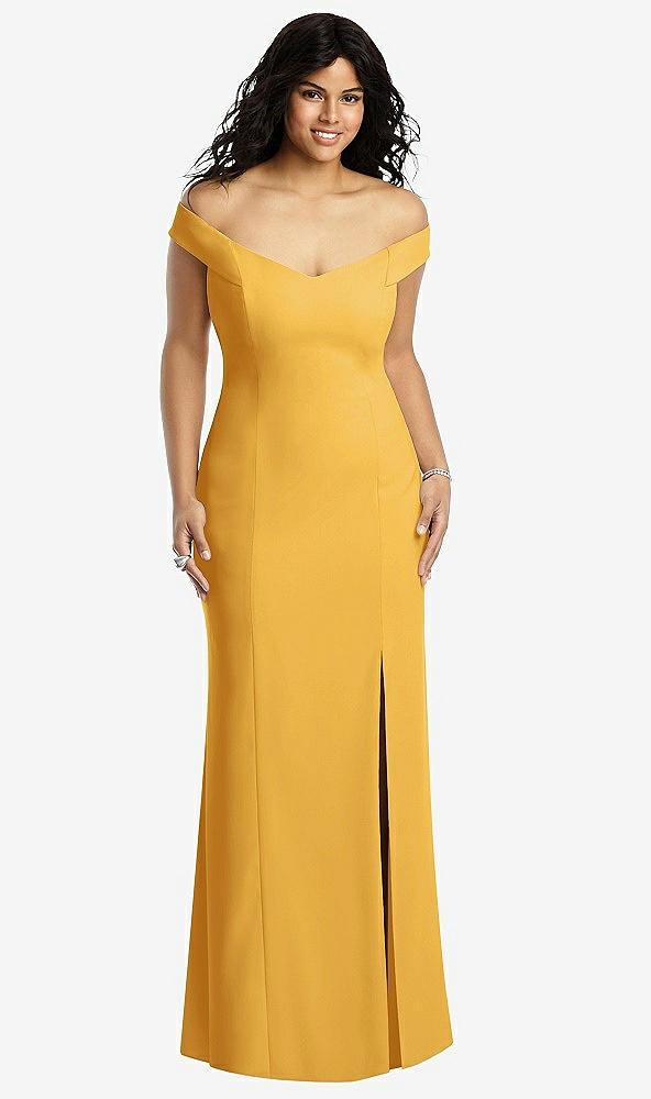 off-the-shoulder criss cross back trumpet gown