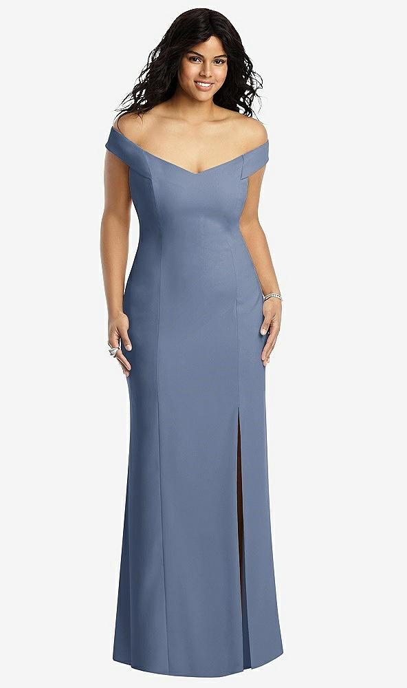 off-the-shoulder criss cross back trumpet gown