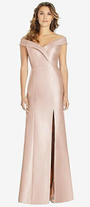 off-the-shoulder cuff trumpet gown with front slit