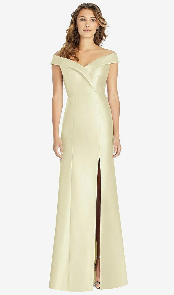 off-the-shoulder cuff trumpet gown with front slit