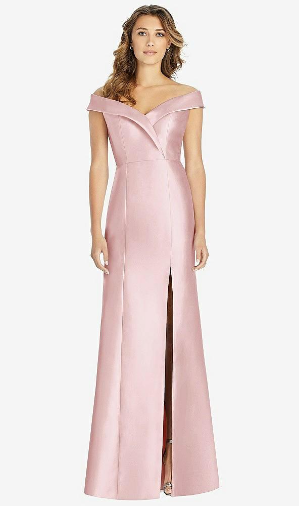 off-the-shoulder cuff trumpet gown with front slit