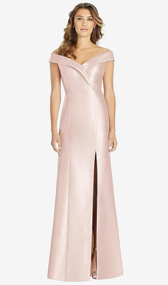 off-the-shoulder cuff trumpet gown with front slit