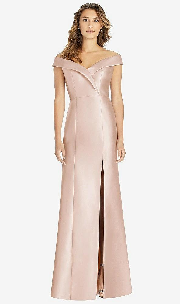 off-the-shoulder cuff trumpet gown with front slit