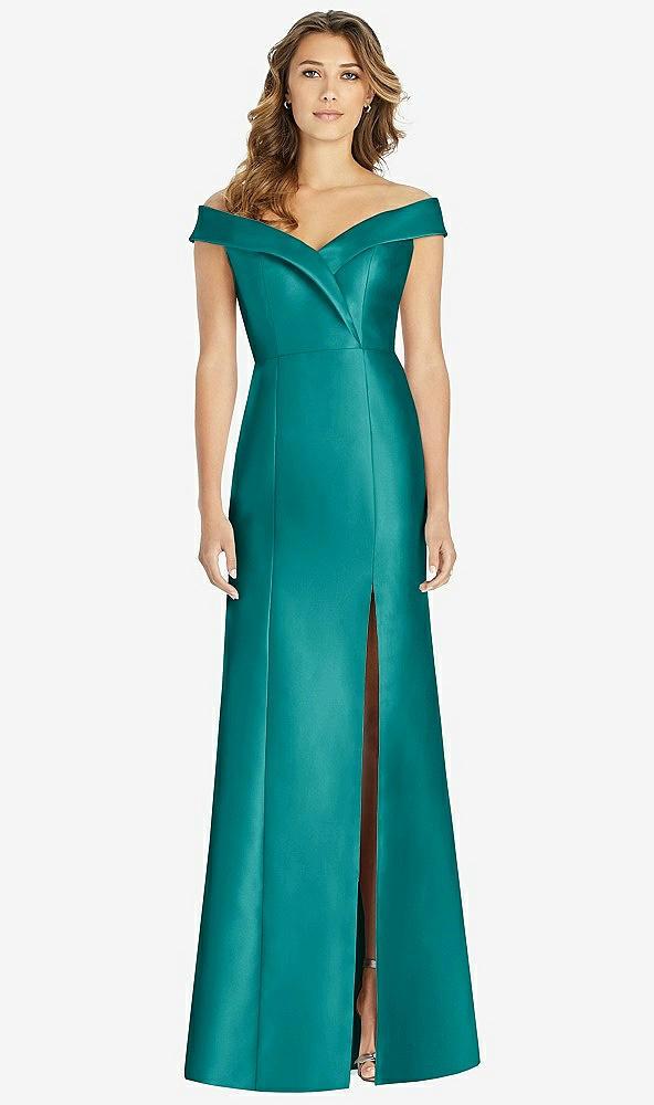 off-the-shoulder cuff trumpet gown with front slit