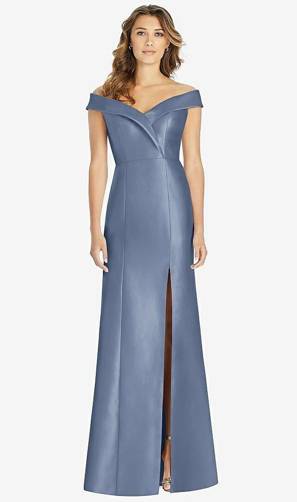 off-the-shoulder cuff trumpet gown with front slit